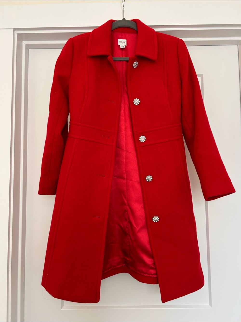 J. Crew Red Wool Pea Coat with Decorative Jewel Buttons